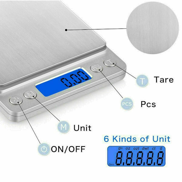 Digitala fickvågar 0,01 g – Högprecisionsvågar, köksvågar, smyckesvågar i rostfritt stål med bakgrundsbelyst LCD-display