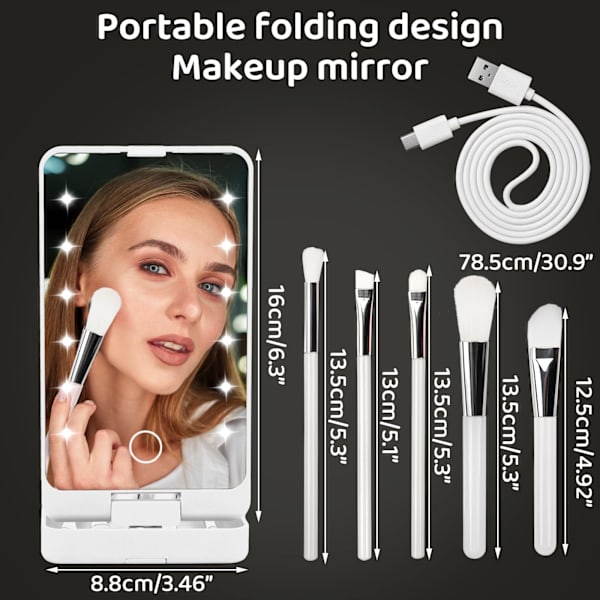 Forfængelighedsspejl med lys, bærbar toiletbord makeup spejl med 12 LED-lys og 5 stk børste 360° justerbar touch screen belyst bord spejl