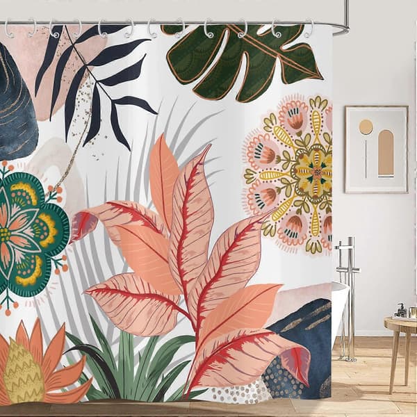 Vattentätt duschdraperi i polyester, duschdraperi med tropiska blommor och blad
