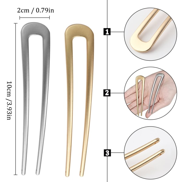 Franske U-formede hårnåler, metallhårpinne gaffelpinner, 2 tagget oppdo chignon hårnåler bobbynåler hårtilbehør for kvinner jenter 4PCS