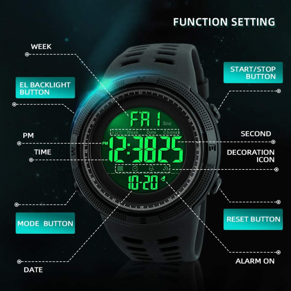 Digital watch för herr, vattentät med LED-bakgrundsbelysning