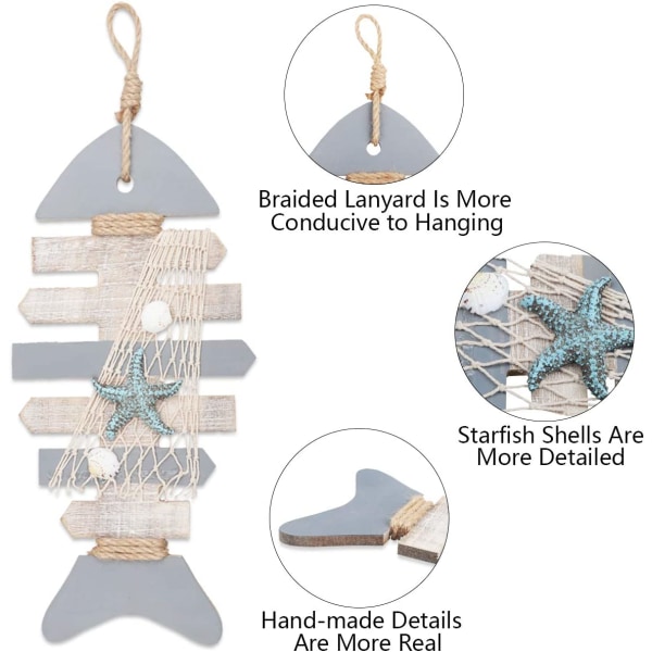 40 CM Trefisk av tre med sjøstjerne og skjell for nautisk dekorasjon, veggdekor dørhengende ornament strandtema hjemmedekorasjon