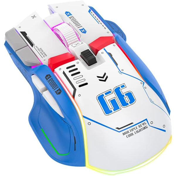 G6 Trådlös spelmus, Bluetooth-mus, 3-lägesanslutning, Mecha-stil design, 12 knappar, 11 RGB-belysning, 5 justerbar DPI, 4000 FPS, Ergonomi white