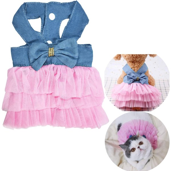 Kattklänningar för hundar, randig kjol med bowknot (S, denimrosa)