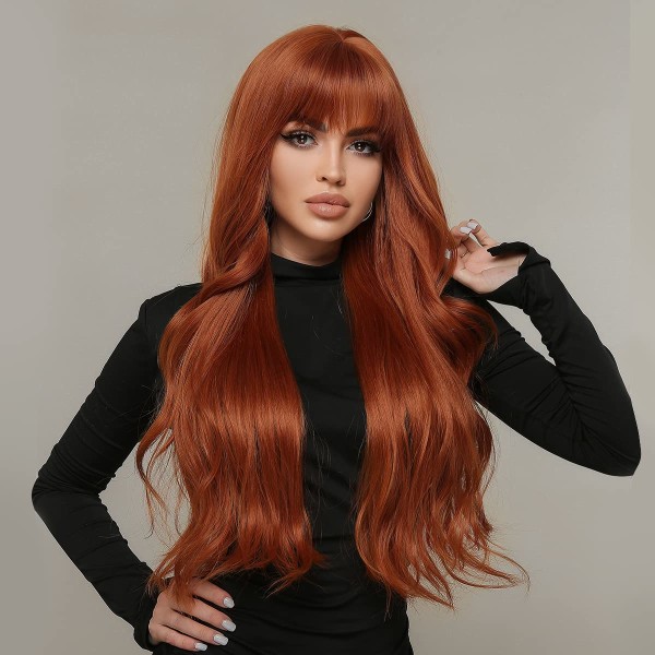 Auburn Wig with Bangs Long Wavy Ginger Wigs for Women Natural Synthetic Hair Wig for Gift Daily Party Cosplay Use Heat Resistant