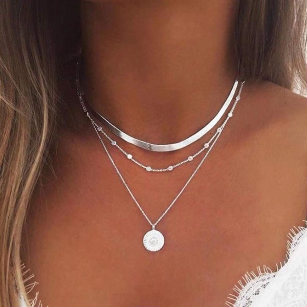 Flerlags halskæde, sølvmøntvedhæng, Boho-stil perlesmykker
