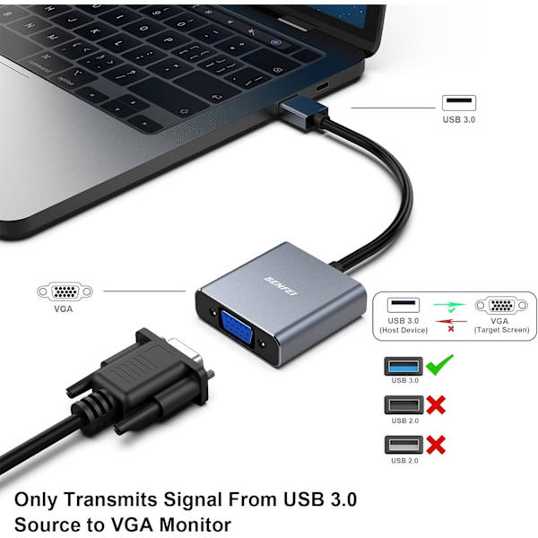 USB 3.0 til VGA-adapter, USB 3.0 til VGA han-til-hun-adapter til Windows 11, Windows 10, Windows 8.1, Windows 8, Windows 7
