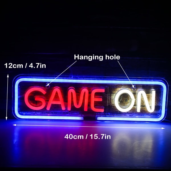 Rød og hvid Game on neon skilt Game on til vægdekoration, USB til familie, børneværelse, bar, soveværelsesfest...