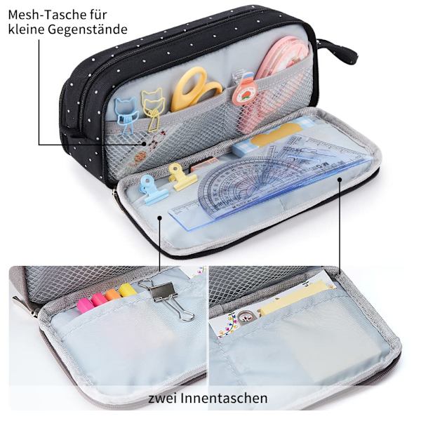 Etui med 3 rum, stor kapacitet blyantpose black
