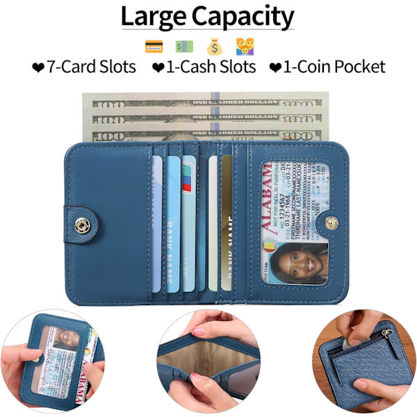 Damplånbok RFID-blockerande läder kompakt bi-fold plånbok för kvinnor dragkedja myntficka liten damväska med ID-fönster blue（B)