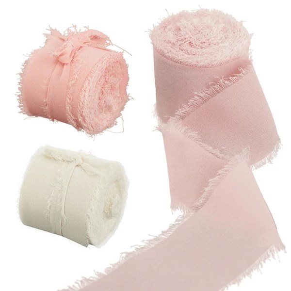 3 ruller 4 cm x 5 m rosa silkebånd, chiffonbånd til gaveinnpakning, bryllupsinvitasjoner, brudebuketter