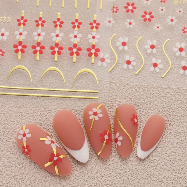 9 ark blommiga nagelkonstdekaler självhäftande vår sommar färgglada blommiga linjenageltillbehör nagelkonstdesign dekoration tillbehör