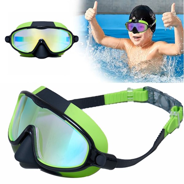 Svømmebriller for barn, svømmebriller for barn med nesemaske, bredt syn, anti-tåke, UV-beskyttelse, vanntette svømmebriller for barn 6-14