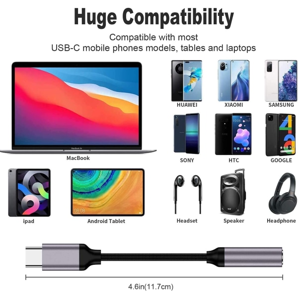 USB Type C til 3,5 mm hodetelefonkontakt-adapter - 2-pakning