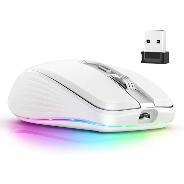 2.4G+BT5.1 Trådlös mus för datorspel med ergonomisk design, 4 justerbara DPI-nivåer, inbyggt uppladdningsbart batteri för bärbar dator white