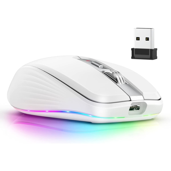 2.4G+BT5.1 Trådløs mus med dobbel modus, ergonomisk design, 4-trinns justerbar DPI, innebygd oppladbar batteri for bærbar PC white