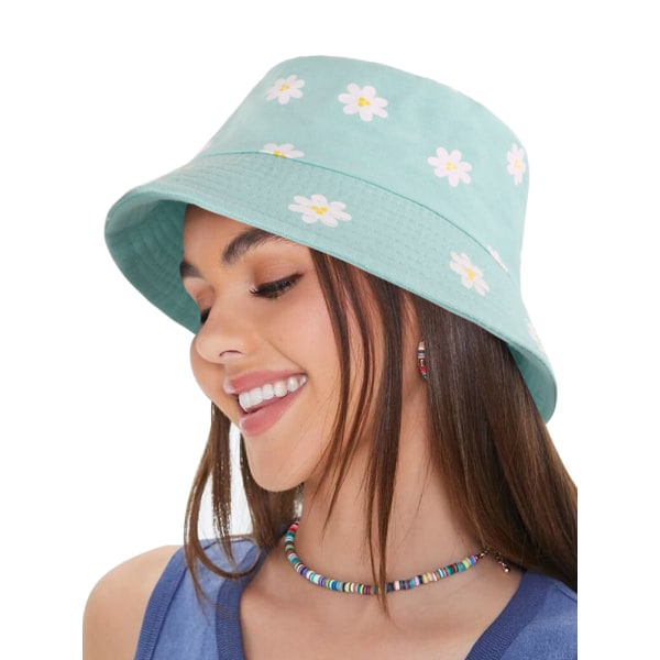 Bucket Hat Dam - Vändbar Bomull Fisherman Hat Beach Sun Vikbar Dubbelsidig Bucket Hats Daisies Print Estetisk Cap grön 56–58cm