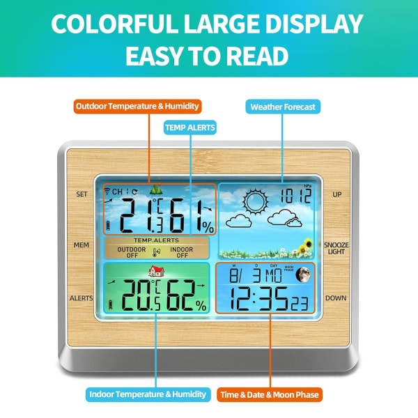Vejrstation, trådløs indendørs og udendørs 6 tommer farve LED-display temperatur og luftfugtighedsmåler med barometrisk tryk USB-opladning