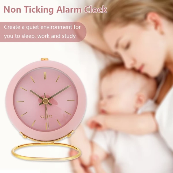 Icke tickande klocka med ljus, skrivbordsklocka för sovrum (rosa)