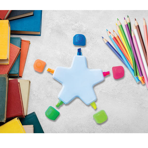 Förpackning med 1 stjärnformad highlighter-penna med mejselspets, nyhet i plast, stjärnformad highlighter-penna för skola, kontor, skrivmaterial och läxor