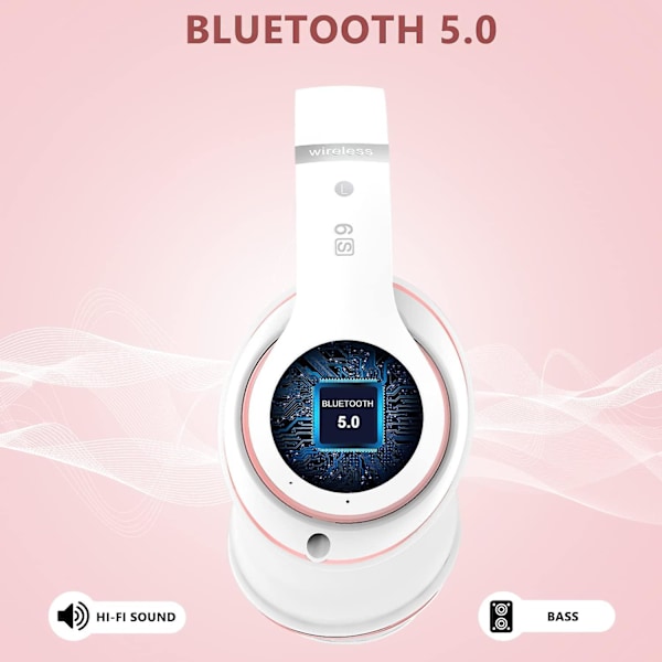 Bluetooth-hodetelefoner over øret, med HD-mikrofon, FM, Tf for PC white+pink