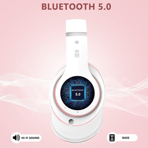 Bluetooth-hovedtelefoner over ear, med HD-mikrofon, FM, Tf til pc white+pink