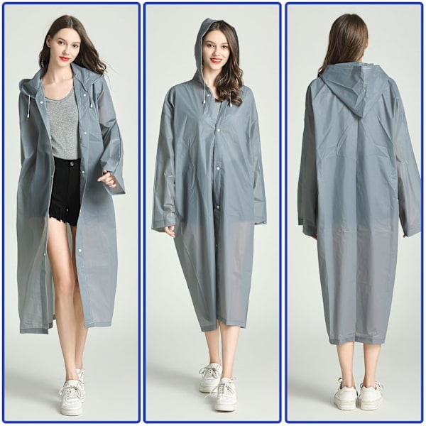 EVA Regnponcho för vuxna, 2-pack återanvändbara regnrockar med huvor och ärmar Lätt regnjacka, grå grey