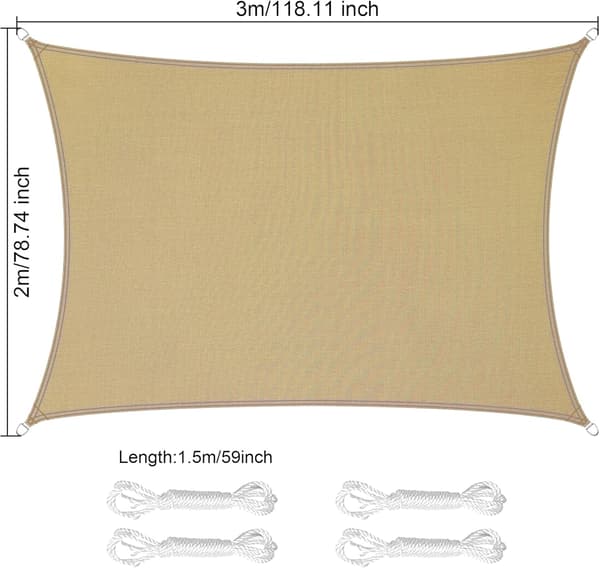 Rektangulær trekantformet solseil laget av PES polyester, vanntett, med UV-beskyttelse og festetau (2 x 3 m, sandfarge)