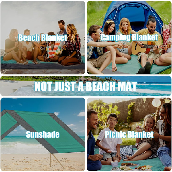 Strandfilt Picknickfilt, Extra Stor 210 x 200cm/79 * 83IN Vattentät Sandtät Vattenavvisande Strandmatta med 4 Fasta Spikar, Förstärkt Kant green
