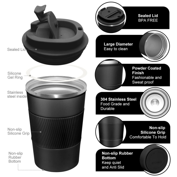 Rejsekrus med lækagesikkert låg, isoleret kaffekrus (sort)