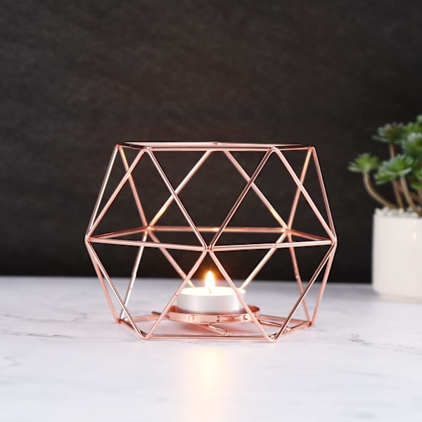 2 st metalljusstakar i järn, ihåliga geometriska värmeljushållare för bröllop, födelsedagsfest, vardagsrum, heminredning (roséguld)