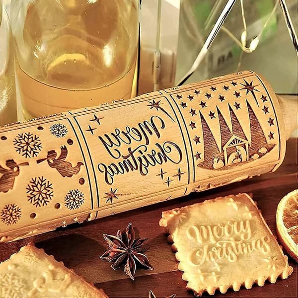 Gravert Julekrybbe Kjevle, DIY Kakeverktøy med Preget Gravering Kjevle for Baking Pregede Kaker (1 stk)