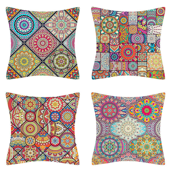 Kuddfodral 40 x 40 cm Set om 4 Hippie Bohemian Mandala Blommönster Kuddfodral Bomull Linne Kuddfodral
