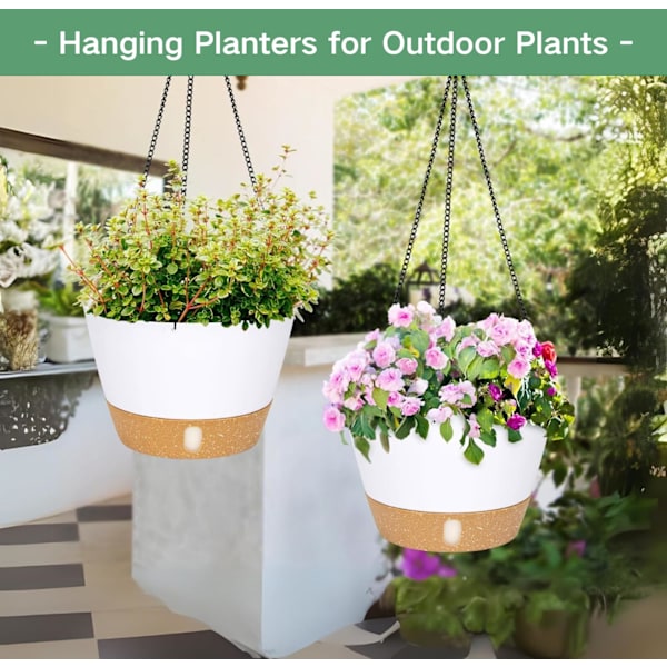 2-pack 25 cm Diameter Hängande Planteringskrukor Inomhus Utomhus med Dräneringshål och 3 Krokar för Trädgård och Hem (Vit)