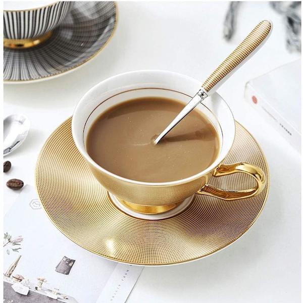 Keraaminen kahvikuppi, keraaminen teekuppi, muodikkaan englantilaistyylinen lyhyt iltapäiväteekahvikuppi ja alussetti, luuposliinia, herkkä kultainen Tazas Tasse Cafe