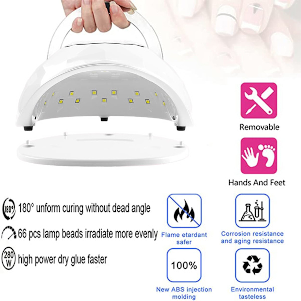 280W UV LED -kynsilamppu, 66 helmellä, nopea kuivatus (valkoinen)