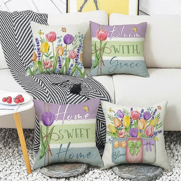 Putetrekk Sett med 4, Akvarellblomster Lavendel