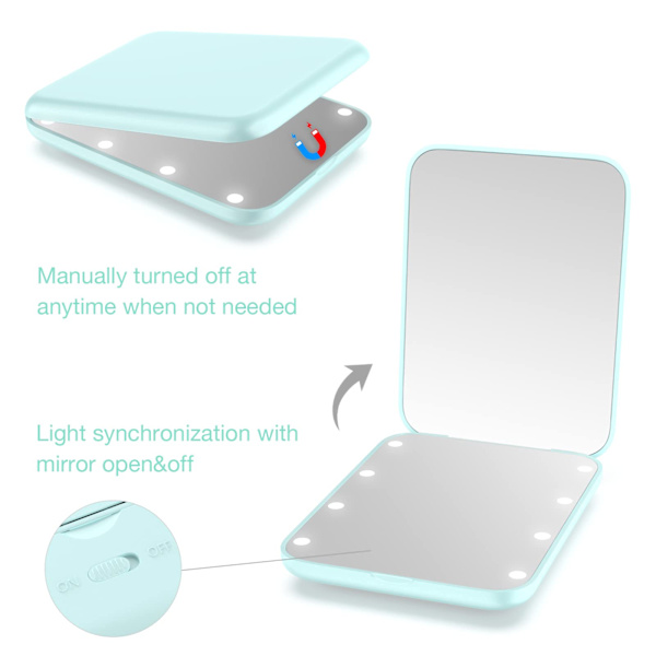 Fick spegel, LED kompakt spegel, 1x/2x förstoringsspegel med ljus, 2-sidig handhållen magnetisk strömbrytare vikbar liten resespegel (grön)