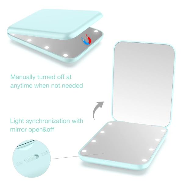 Fickspegel, kompakt ledspegel, 1x/2x förstoringsspegel med ljus, 2-sidig handhållen magnetomkopplare Vik liten resesminkspegel (grön)