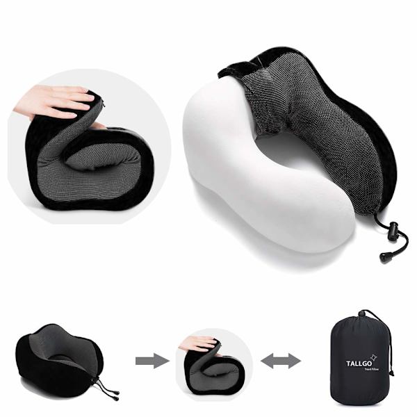 Rejsepude, Bedste Memory Foam Nakkepude Hovedstøtte Blød Pude til Søvn Hvile, Flyrejse Bil & Hjemmebrug (Sort，29*27*14cm)