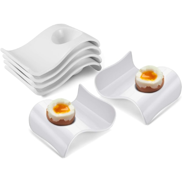 Keramisk eggholder - 6-delt hardkokt eggholder og mykkokt eggholdersett, hvit coddled egg Cup, stabilt og stablet egg i moderne bølgestil