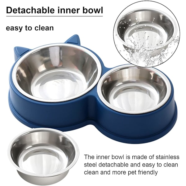 Set med dubbla kattmatskålar i rostfritt stål, halkfri bas, diskmaskinsäker - för torr- och våtfoder, söt kattdesign (blå)