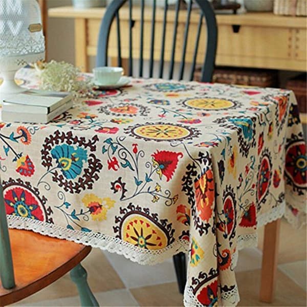 Vintage spets solros duk, linne broderad (90*90cm)