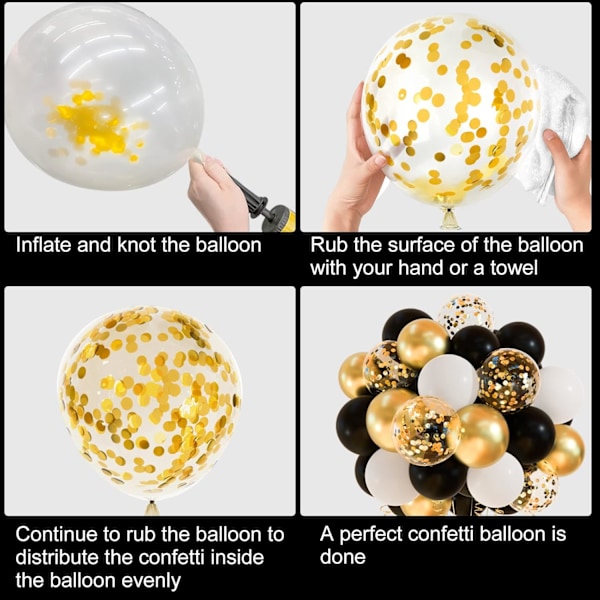 50 Pakk Svarte Gull Konfetti Ballonger 12 Tommer Hvite Svarte og Gull Ballonger med Bånd for Graduation Birthday Wedding gold