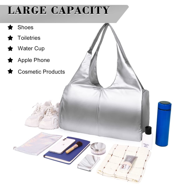 Sportsbag, Overnight Weekend Bags for Women, med skorom og våte og tørre lommer, Reisebag, Yoga Mat Bags, Hospital Bag (sølv)