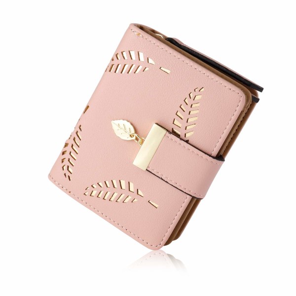 Dame-lommebok, små bifold-lærvesker for kvinner med kontant-ID kredittkortholder, hule blad for damer, veganske myntvesker, pengesekker (rosa) pink