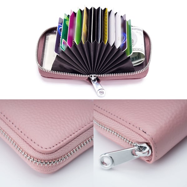 Kreditkortshållare RFID-blockering- Läder Mini kreditkortsväska med dragkedja för kvinnor män (rosa)