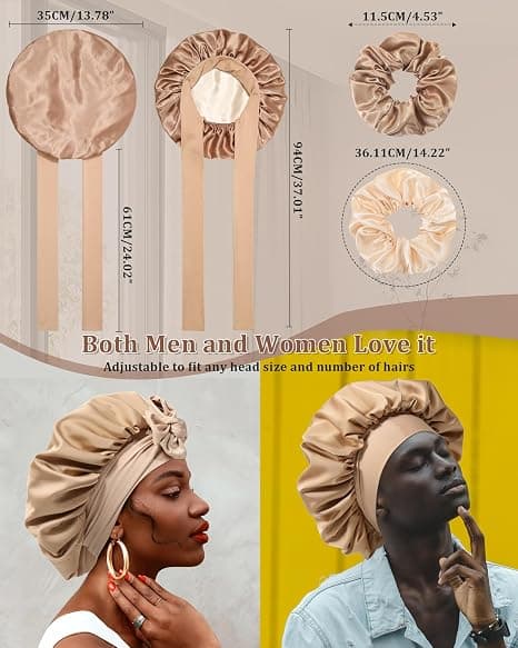 Satin Bonnet för Sömn Kvinnor Dubbellager Hårmössa med 2 st Hårsnoddar Elastiskt Band Nattmössa Coffee + Champagne