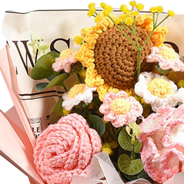 Handgjord stickad bukett virkad bukett konstgjorda blommor stickad solros ros prästkrage färdig produkt evig välsignelse, rosa