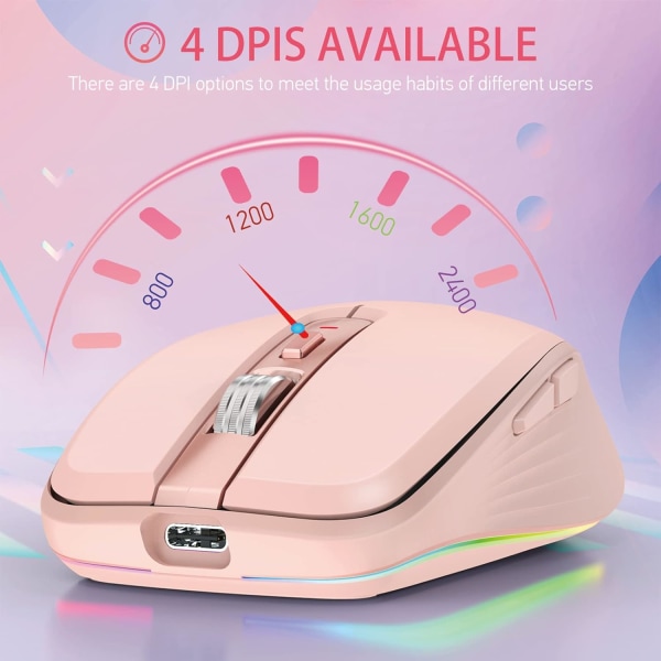 2.4G+BT5.1 Trådløs mus for datamaskin Spillmus Ergonomisk design 4-trinns justerbar DPI Innebygd oppladbar batteri for bærbar PC pink